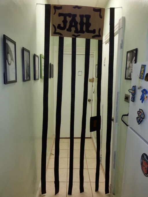 Way out West – some paper strips (could use fabric too) hung from a tension rod turns a useless hallway into a jail for the Silver Dollar saloon! 
											– Jen W