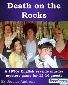 Cover to Death on the Rocks, a murder mystery game