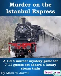 Cover to Murder on the Istanbul Express, a murder mystery game set on a train.