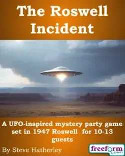 Cover to The Roswell Incident, a UFO-inspired mystery party game.
